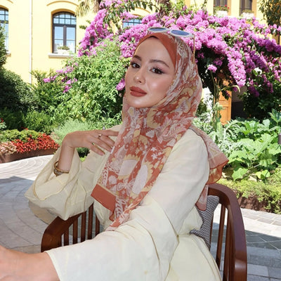 Verona Desen İpek Krep Şal Kiremit