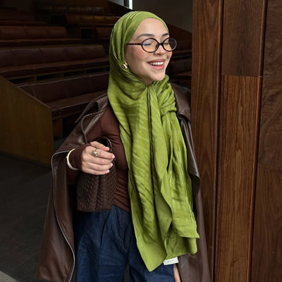 Nara Pamuk Floş Jakarlı Şal Zeytin Yeşili