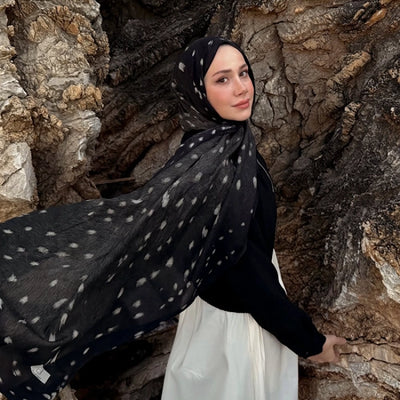 Fawn Desenli Pamuk Viskon Şal Siyah