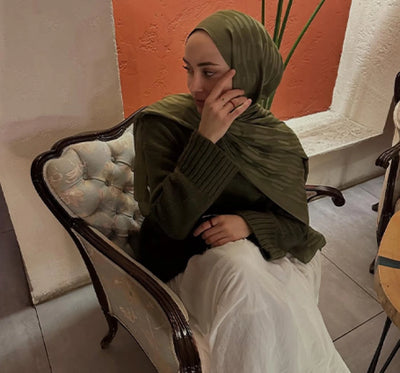 Nara Pamuk Floş Jakarlı Şal Zeytin Yeşili