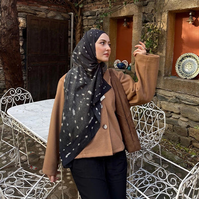 Fawn Desenli Pamuk Viskon Şal Siyah