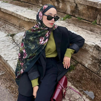 Madeleıne Desenli Pamuk Viskon Şal Derin Yeşil