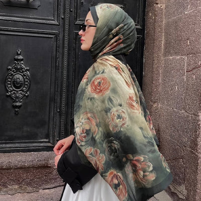 Marıelle Desenli Pamuk Viskon Şal Koyu Yeşil