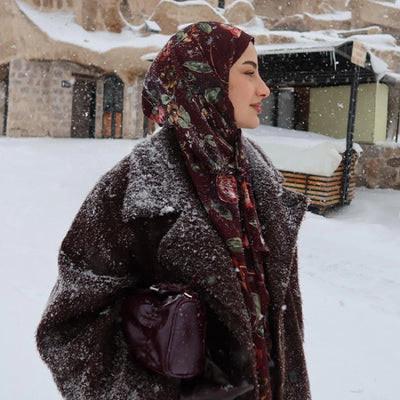Flower Raın Desenli Pamuk Viskon Şal Bordo
