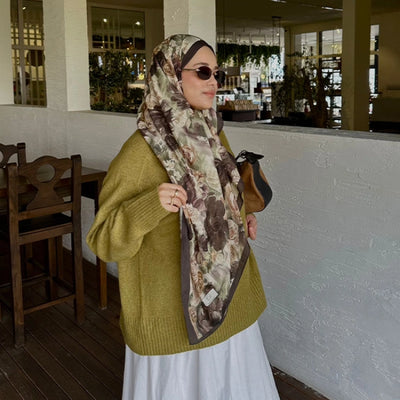 Rose Breeze Desen Pamuklu Viskon Eşarp Tozlu Kahve