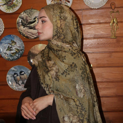 Soft Hıbıscus Desenli Pamuk Viskon Şal Çağla
