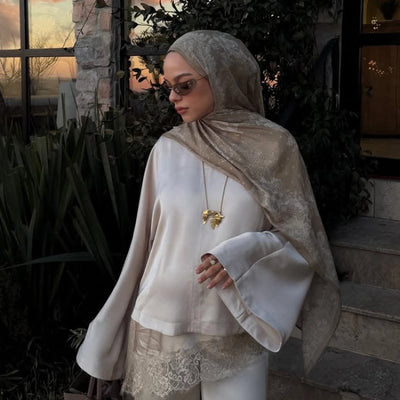 Floral Lace Desen Rami Şal Soft Haki