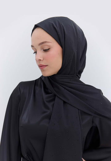 Siyah Strass Taşlı İpeksi Şal