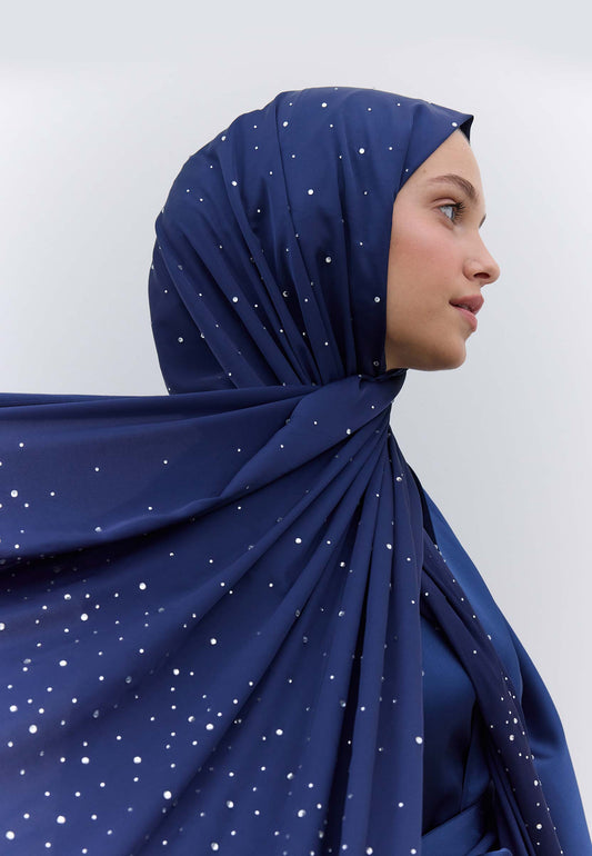Lacivert Strass Taşlı İpeksi Şal