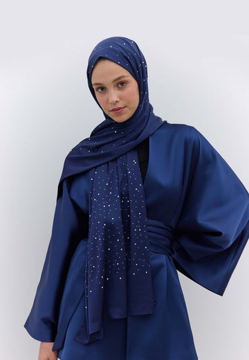 Lacivert Strass Taşlı İpeksi Şal