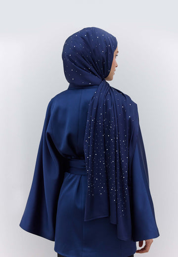 Lacivert Strass Taşlı İpeksi Şal
