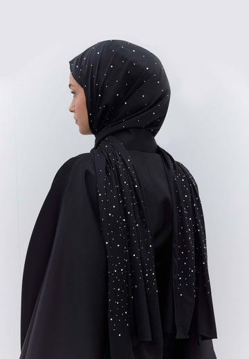 Siyah Gümüş Strass Taşlı İpeksi Şal