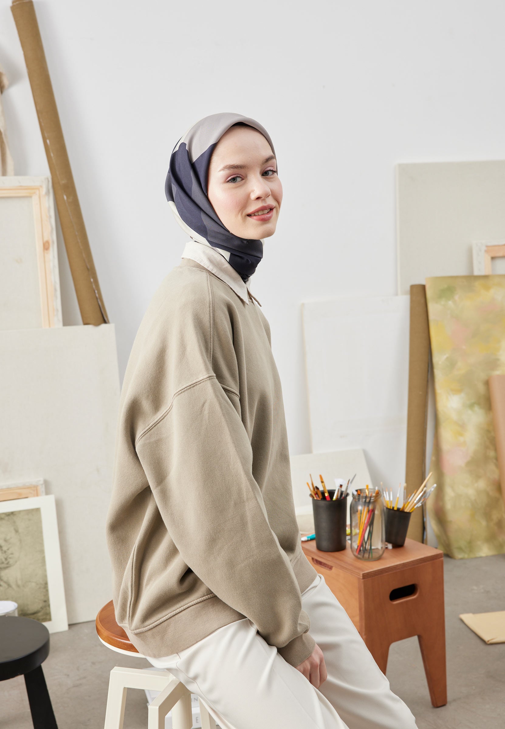 Lacivert Multı Colors Desen Pamuk İpek Eşarp
