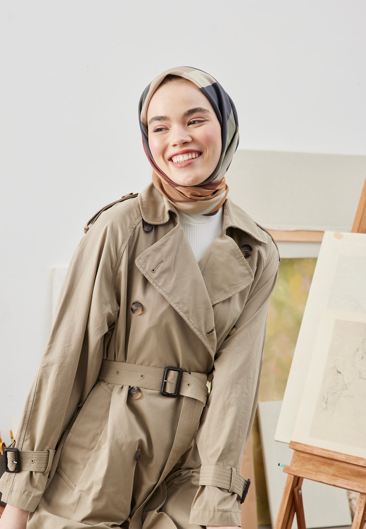 Haki Multı Colors Desen Pamuk İpek Eşarp