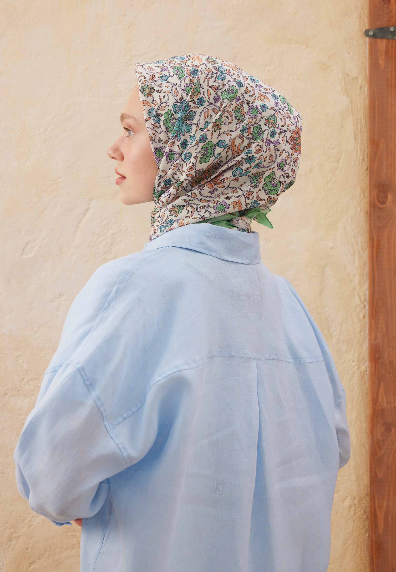Turkuaz Morocco Desen Pamuk İpek Eşarp