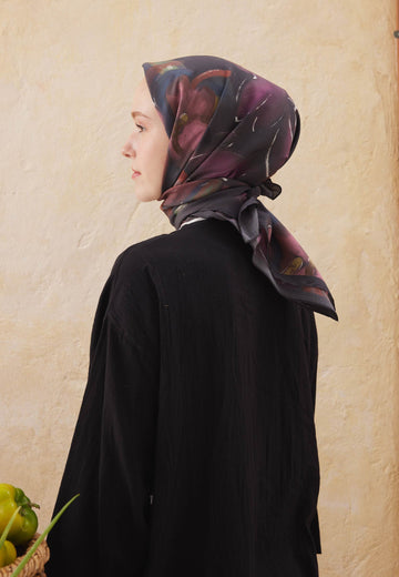 Mürdüm Dark Garden Desen Pamuk İpek Eşarp