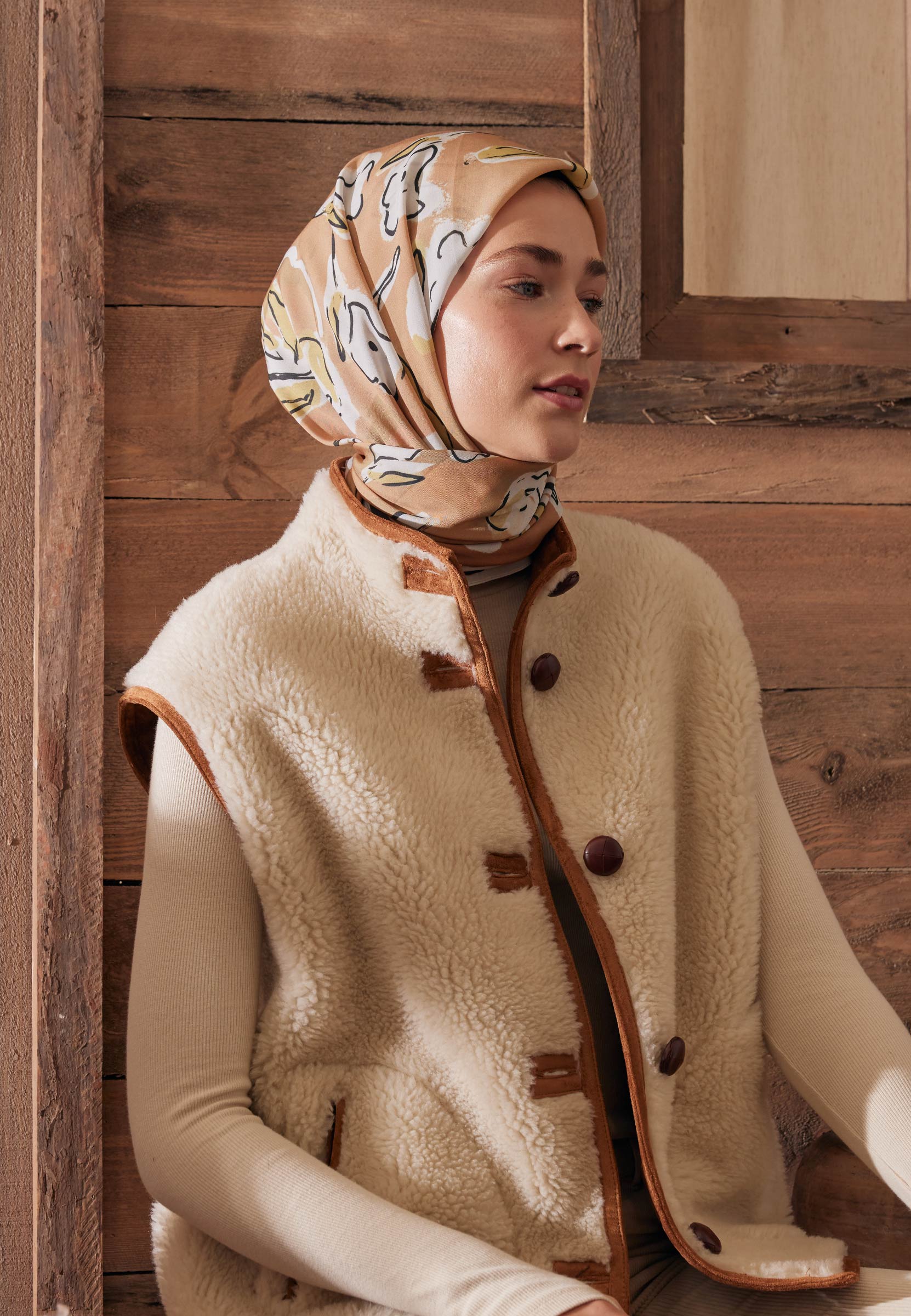 Pastel Turuncu Aspen Desen Pamuk İpek Eşarp