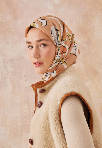 Pastel Turuncu Aspen Desen Pamuk İpek Eşarp