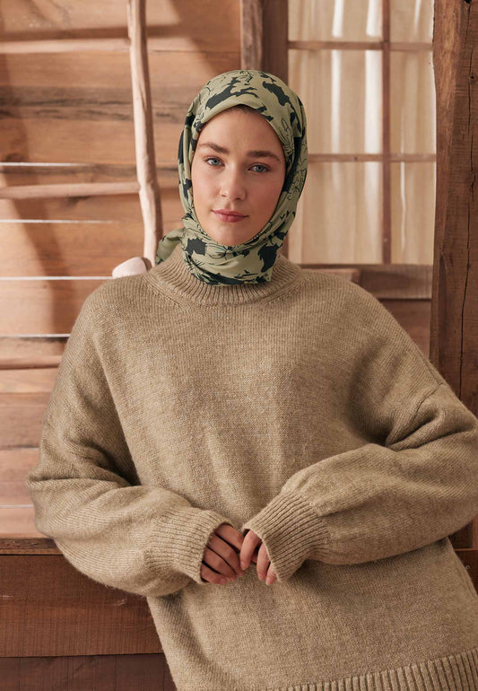 Yeşil Peony Desen Pamuk İpek Eşarp