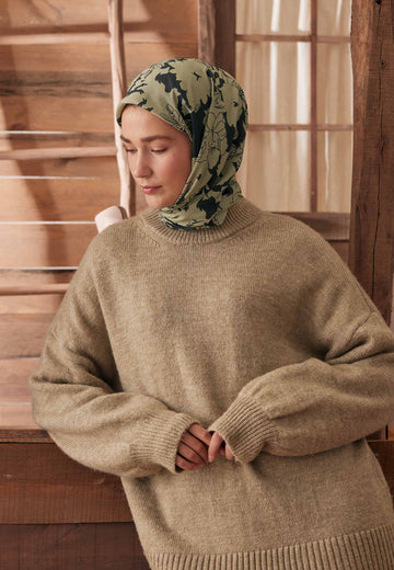Yeşil Peony Desen Pamuk İpek Eşarp