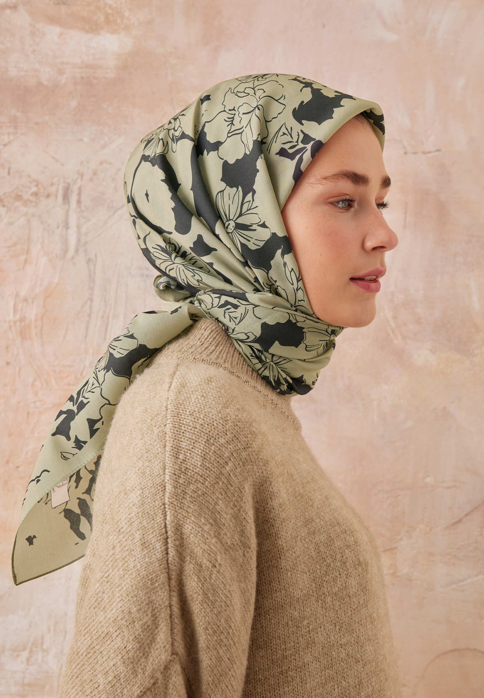 Yeşil Peony Desen Pamuk İpek Eşarp