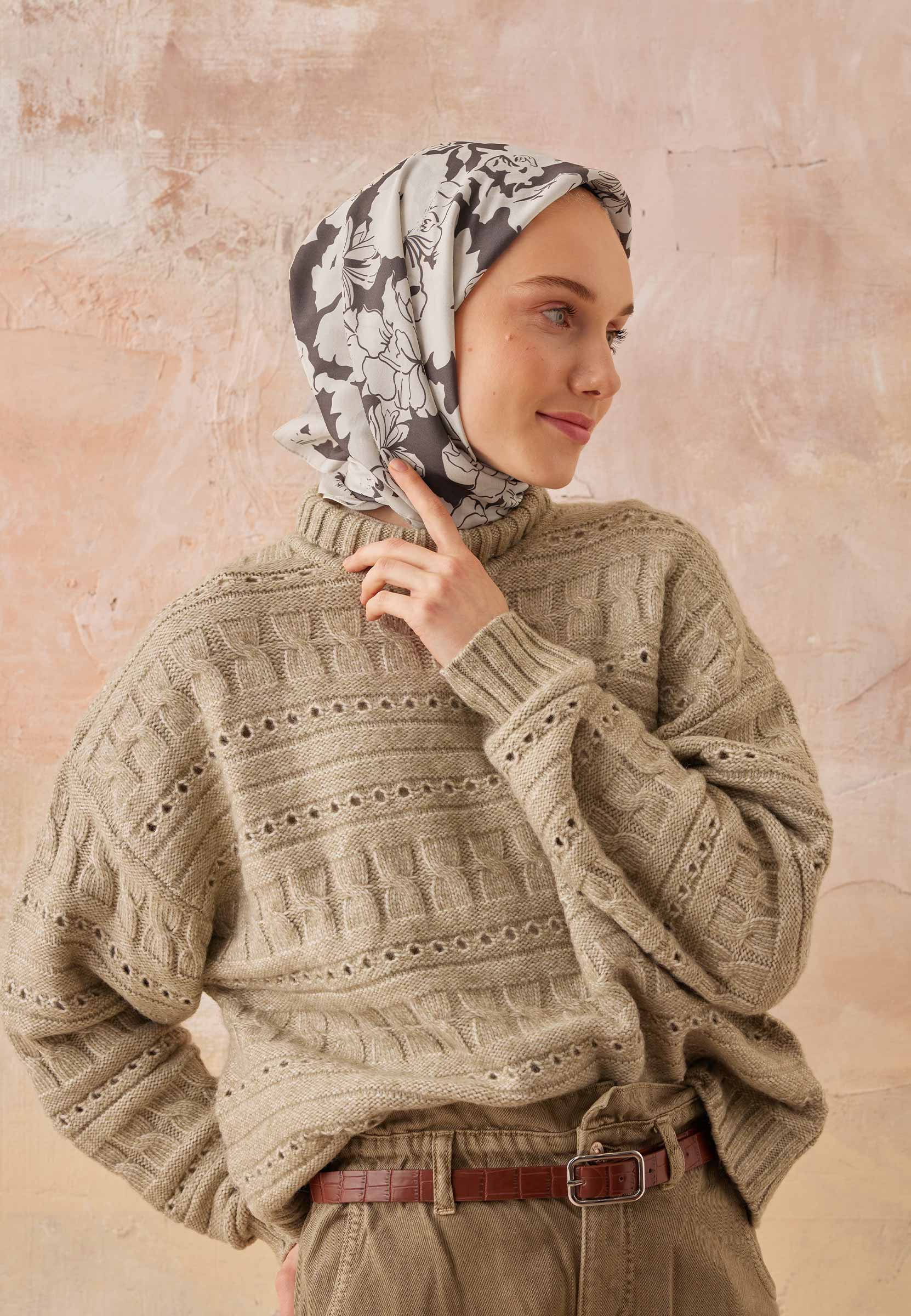 Acı Kahve Peony Desen Pamuk İpek Eşarp