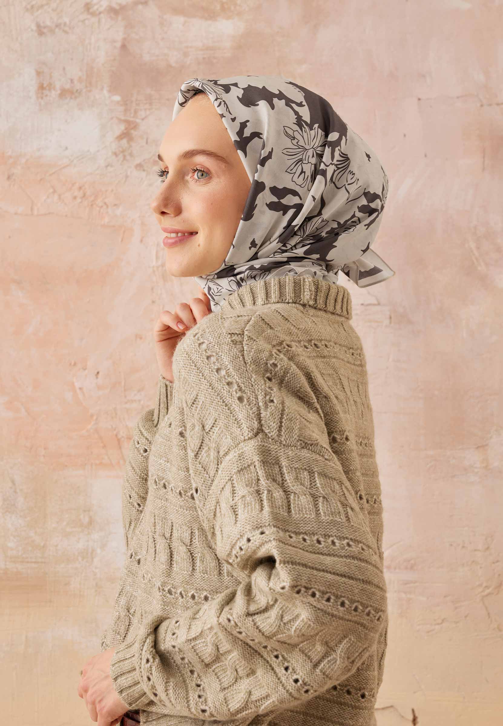 Acı Kahve Peony Desen Pamuk İpek Eşarp