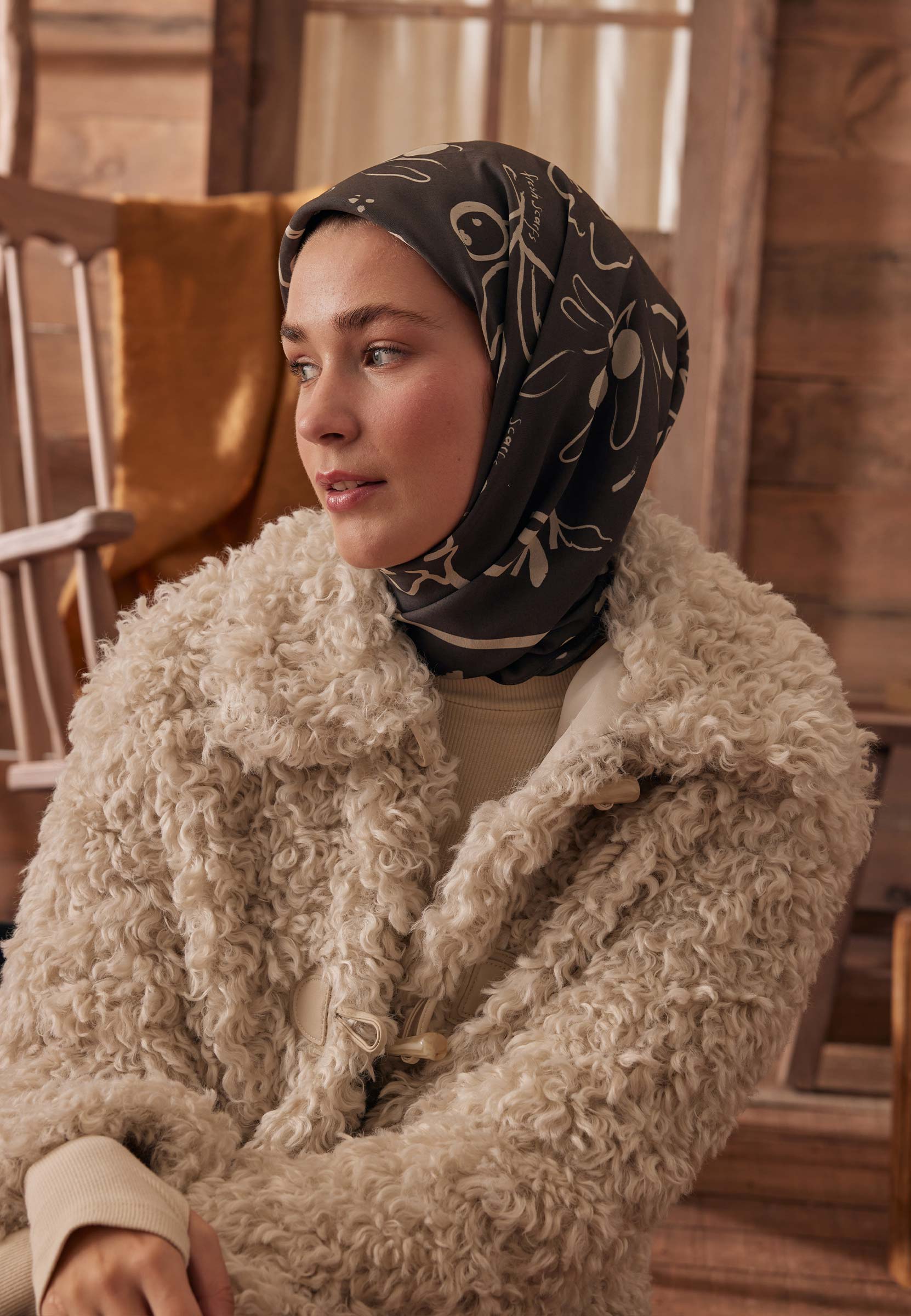 Acı Kahve Luna Desen Pamuk İpek Eşarp
