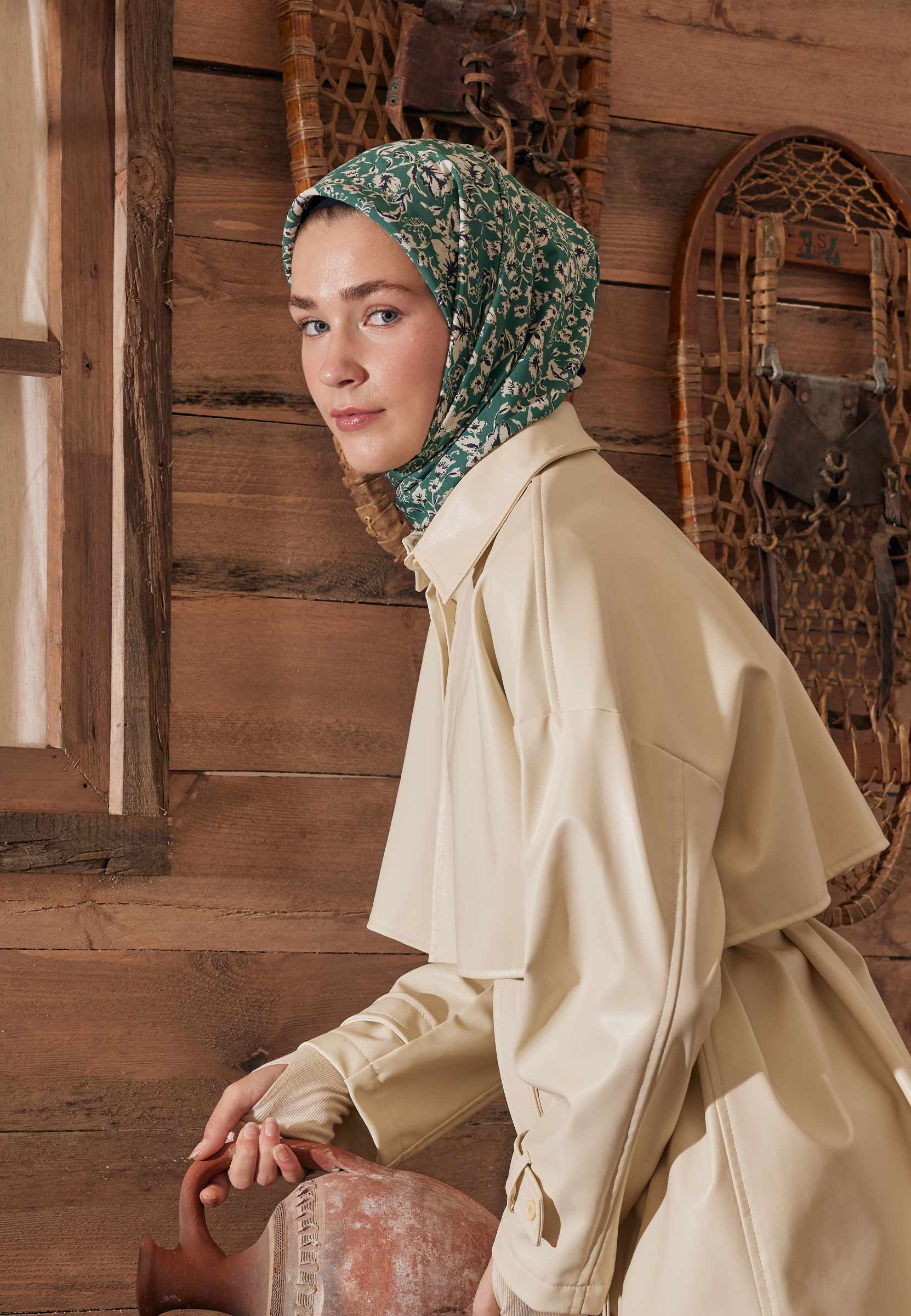 Yeşil Estelle Desen Pamuk İpek Eşarp