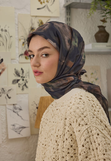 Lacivert Rosalıe Desen Pamuk İpek Eşarp