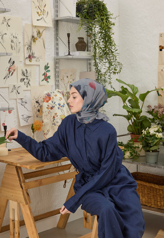Mavi Isla Desen Pamuk İpek Eşarp