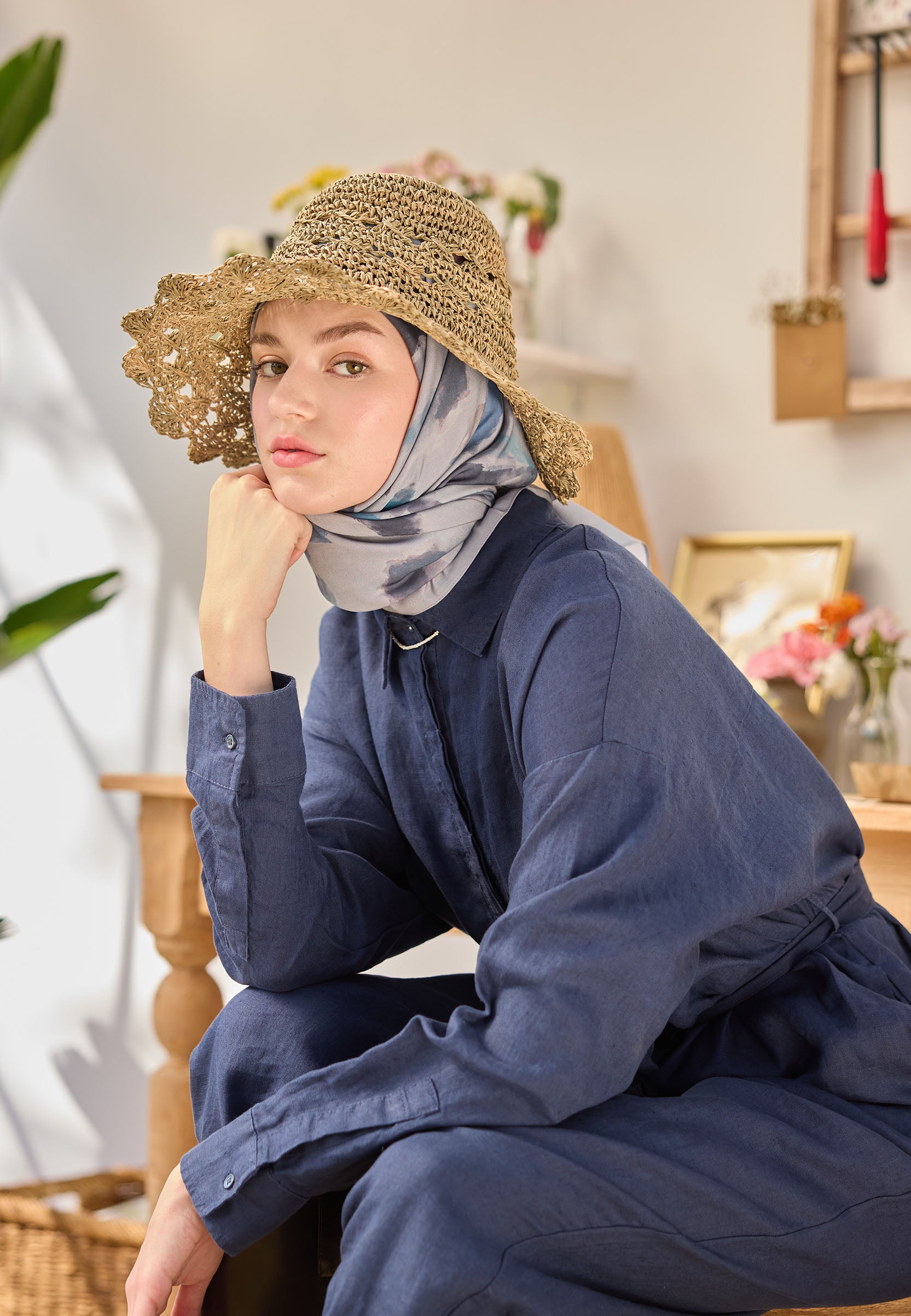 Mavi Isla Desen Pamuk İpek Eşarp