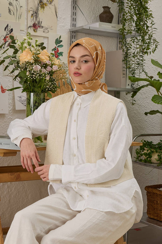 Şeftalı Eloıse Desen Pamuk İpek Eşarp