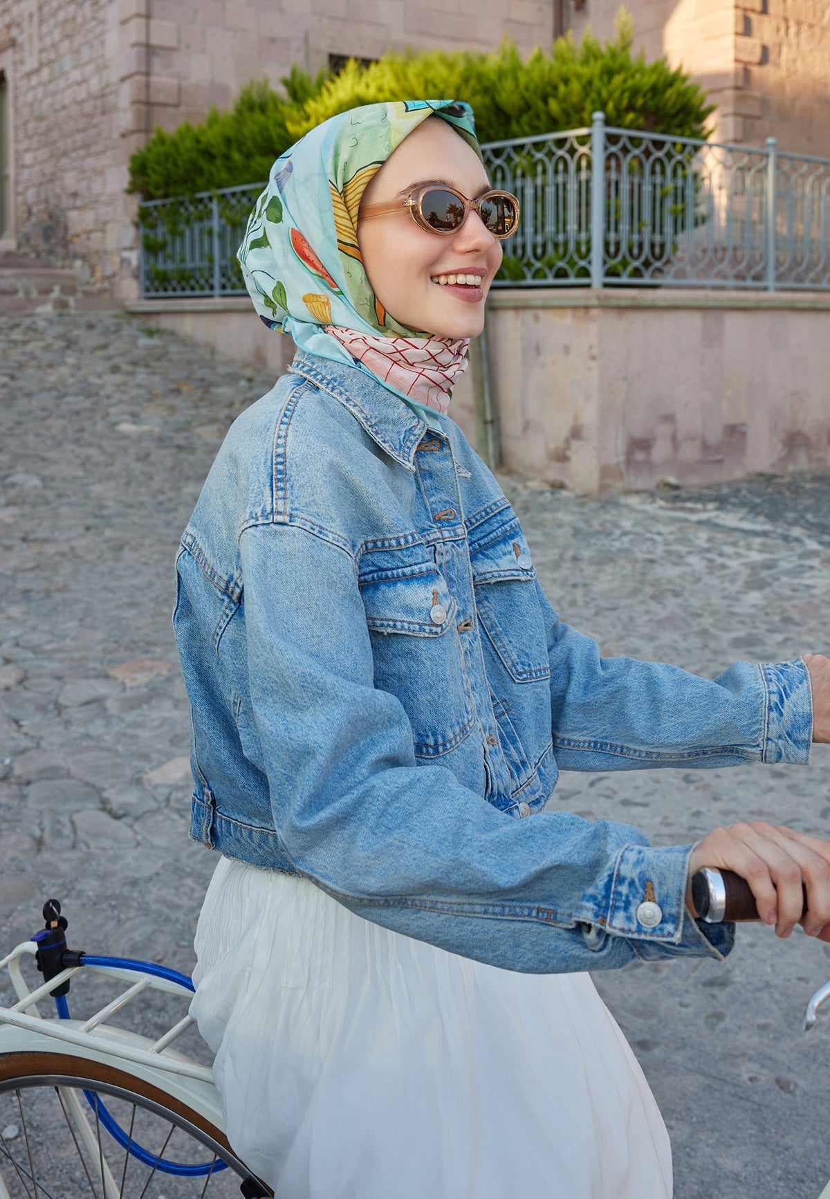 Pastel Mavi Mila Desen Pamuk Vual Eşarp