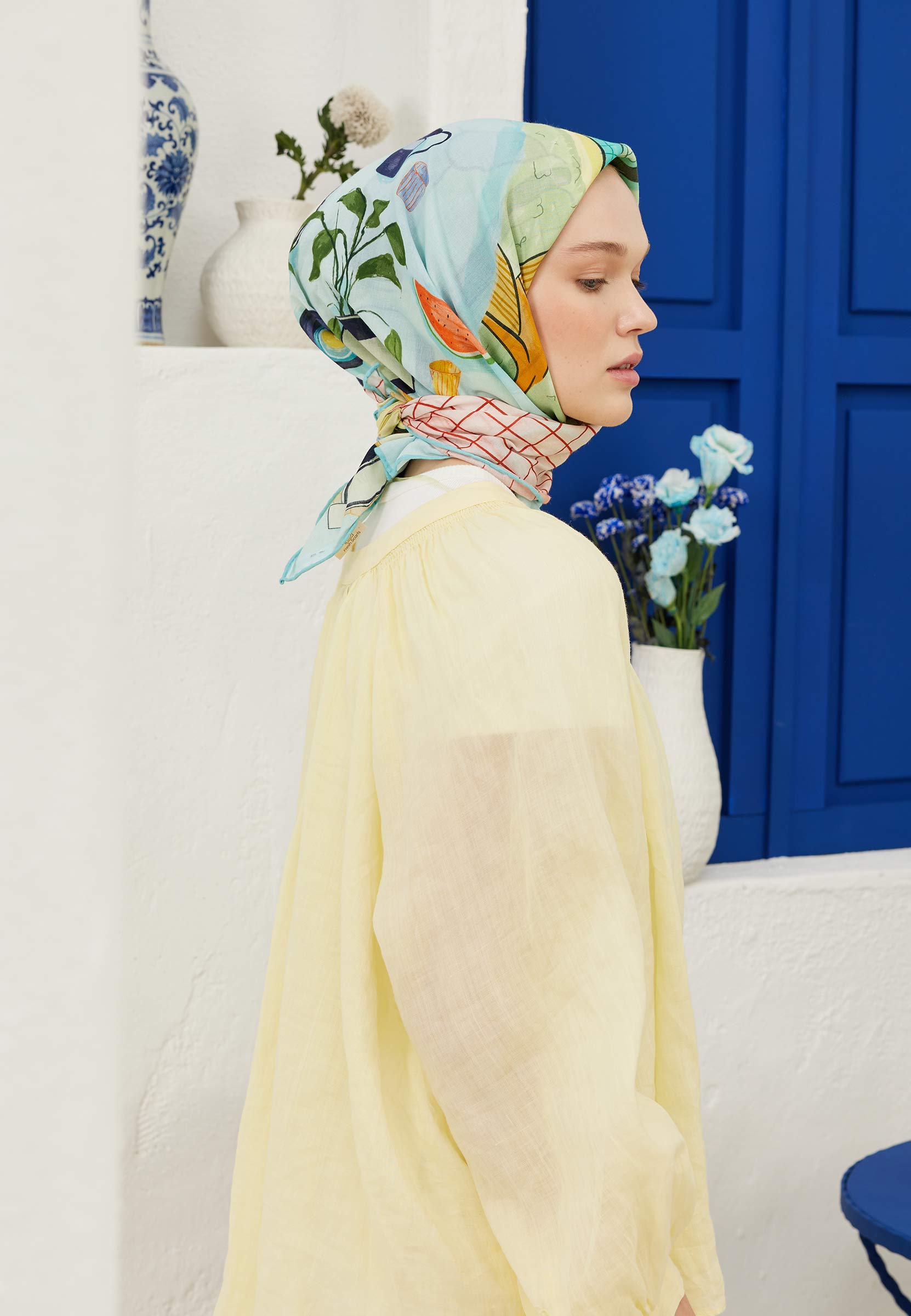 Pastel Mavi Mila Desen Pamuk Vual Eşarp