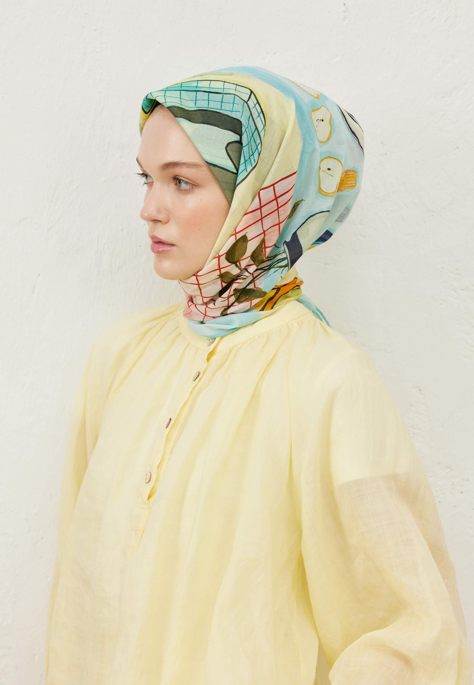 Pastel Mavi Mila Desen Pamuk Vual Eşarp