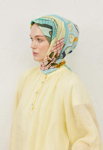 Pastel Mavi Mila Desen Pamuk Vual Eşarp
