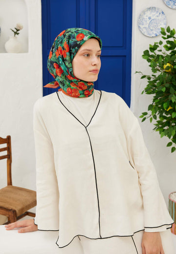 Siyah Peach Garden Desen Pamuk Vual Eşarp
