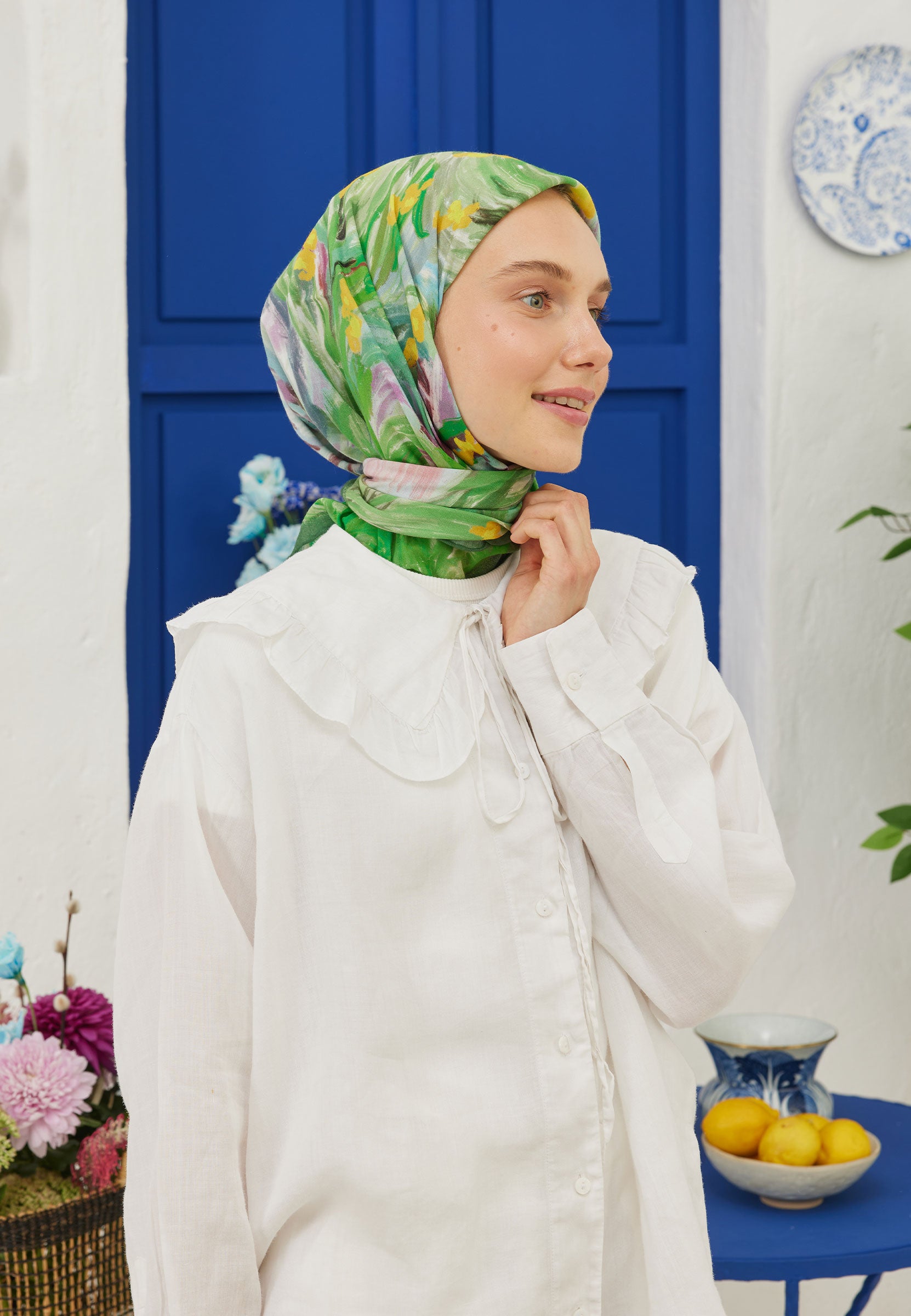 Yeşil Summer Sunset Desen Pamuk Vual Eşarp