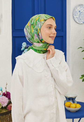 Yeşil Summer Sunset Desen Pamuk Vual Eşarp