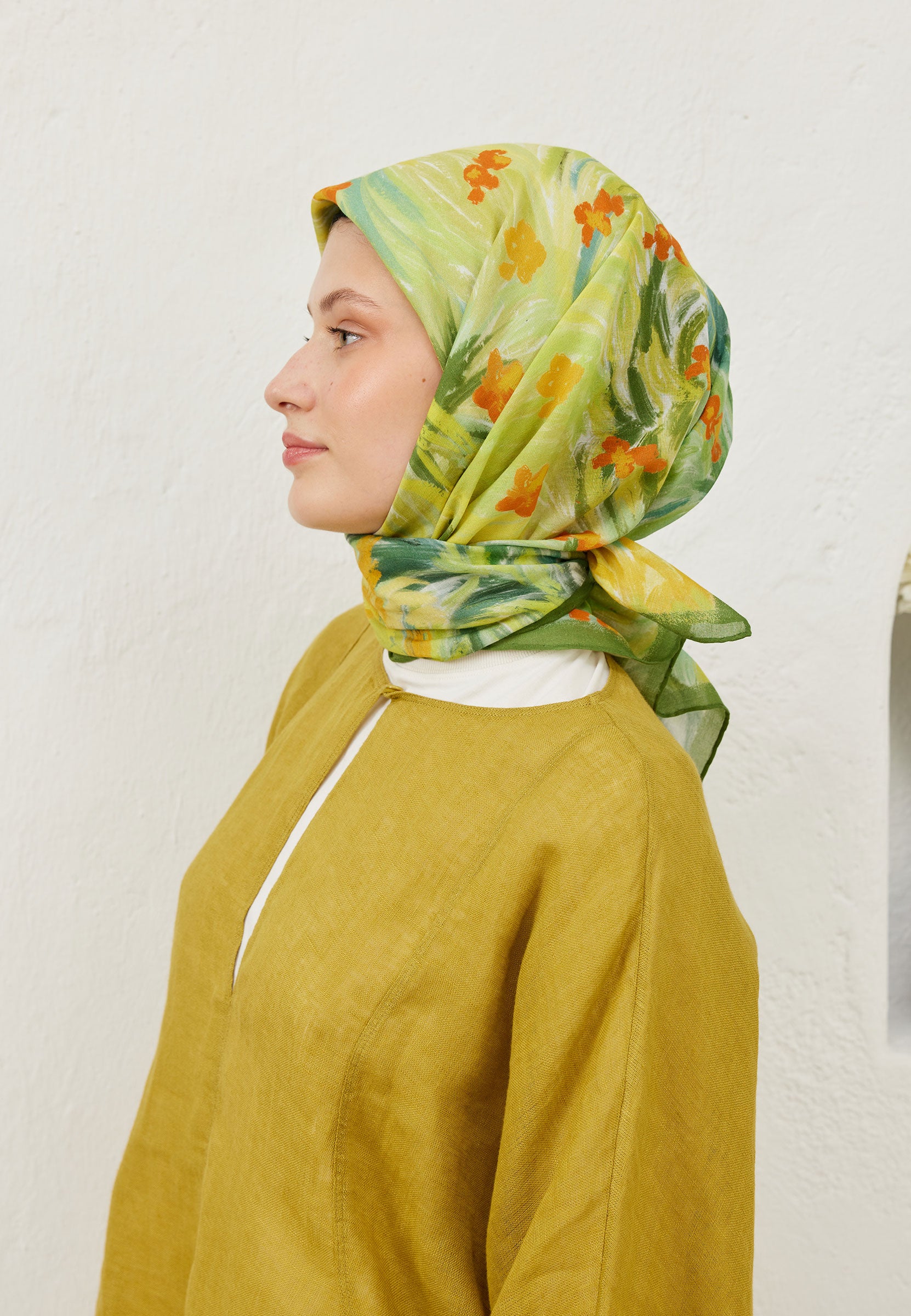 Sarı Summer Sunset Desen Pamuk Vual Eşarp