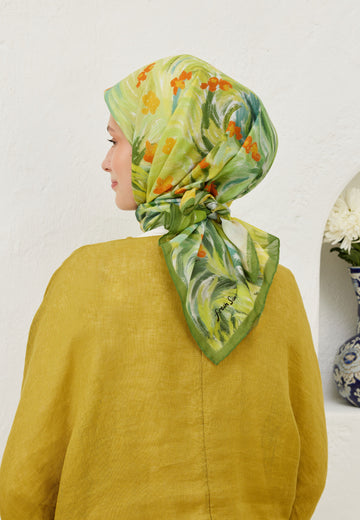 Sarı Summer Sunset Desen Pamuk Vual Eşarp