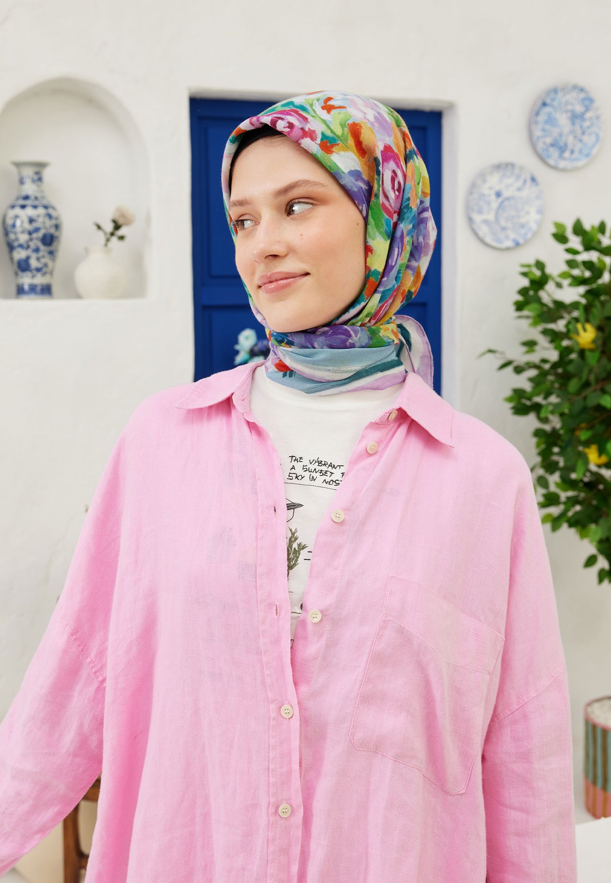 Pembe Poppy Desen Pamuk Vual Eşarp