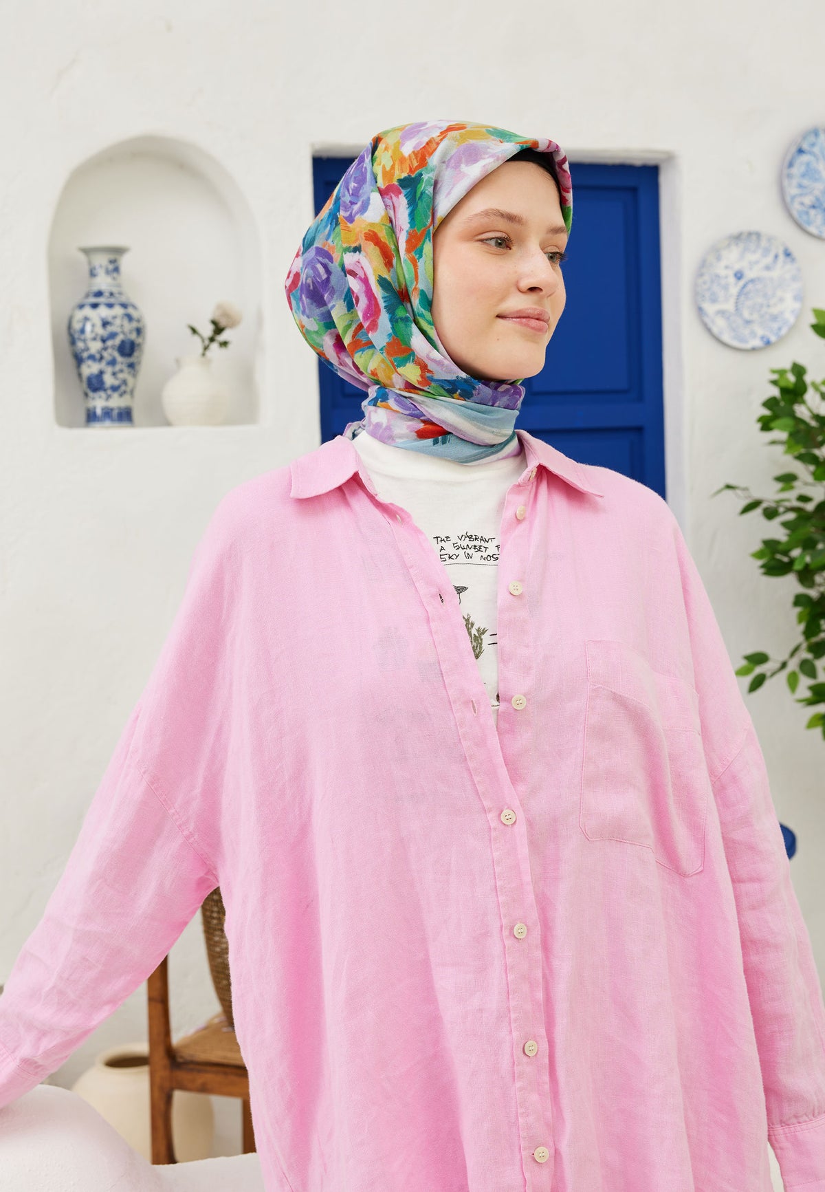 Pembe Poppy Desen Pamuk Vual Eşarp