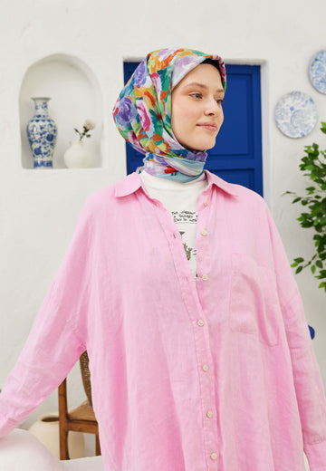 Pembe Poppy Desen Pamuk Vual Eşarp