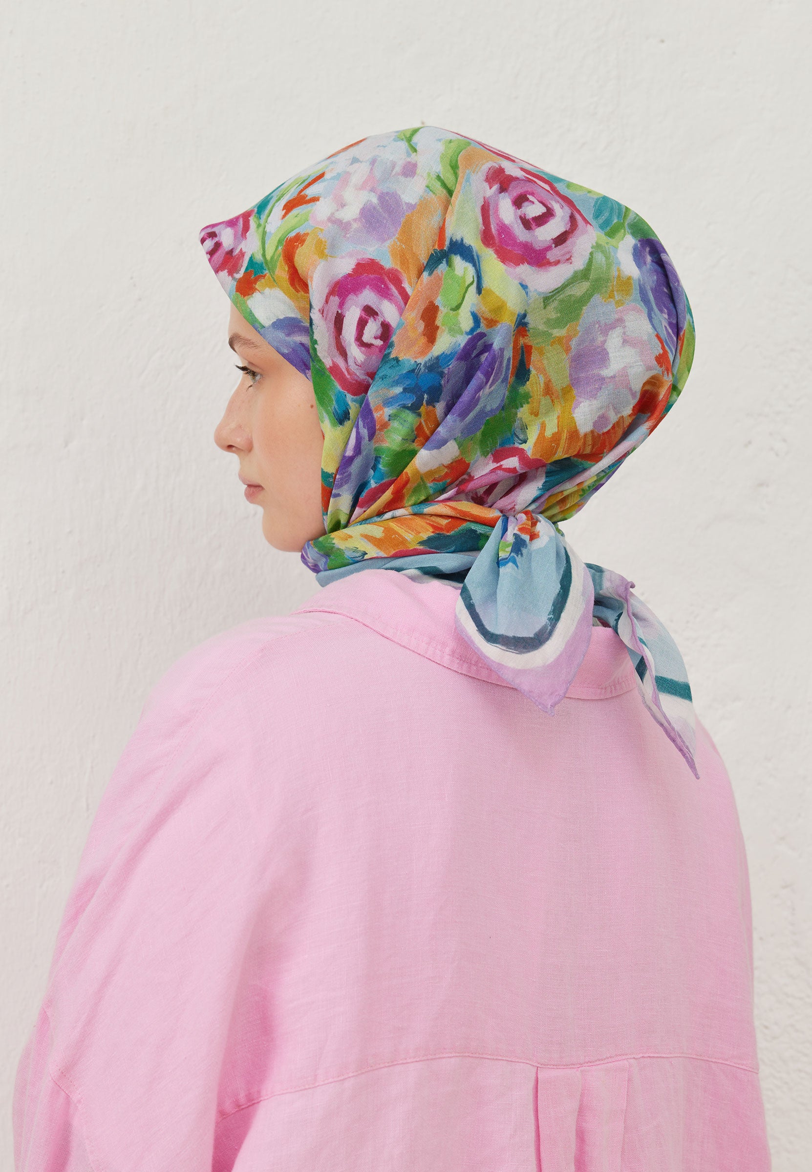 Pembe Poppy Desen Pamuk Vual Eşarp