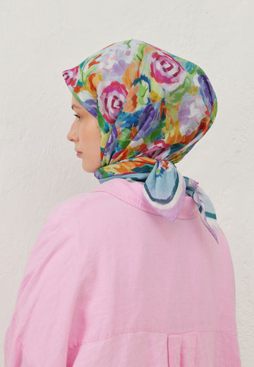 Pembe Poppy Desen Pamuk Vual Eşarp