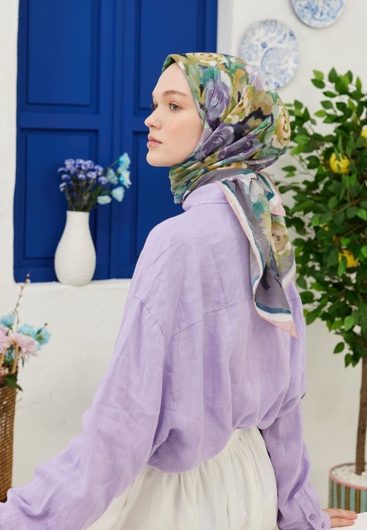 Lavanta Poppy Desen Pamuk Vual Eşarp