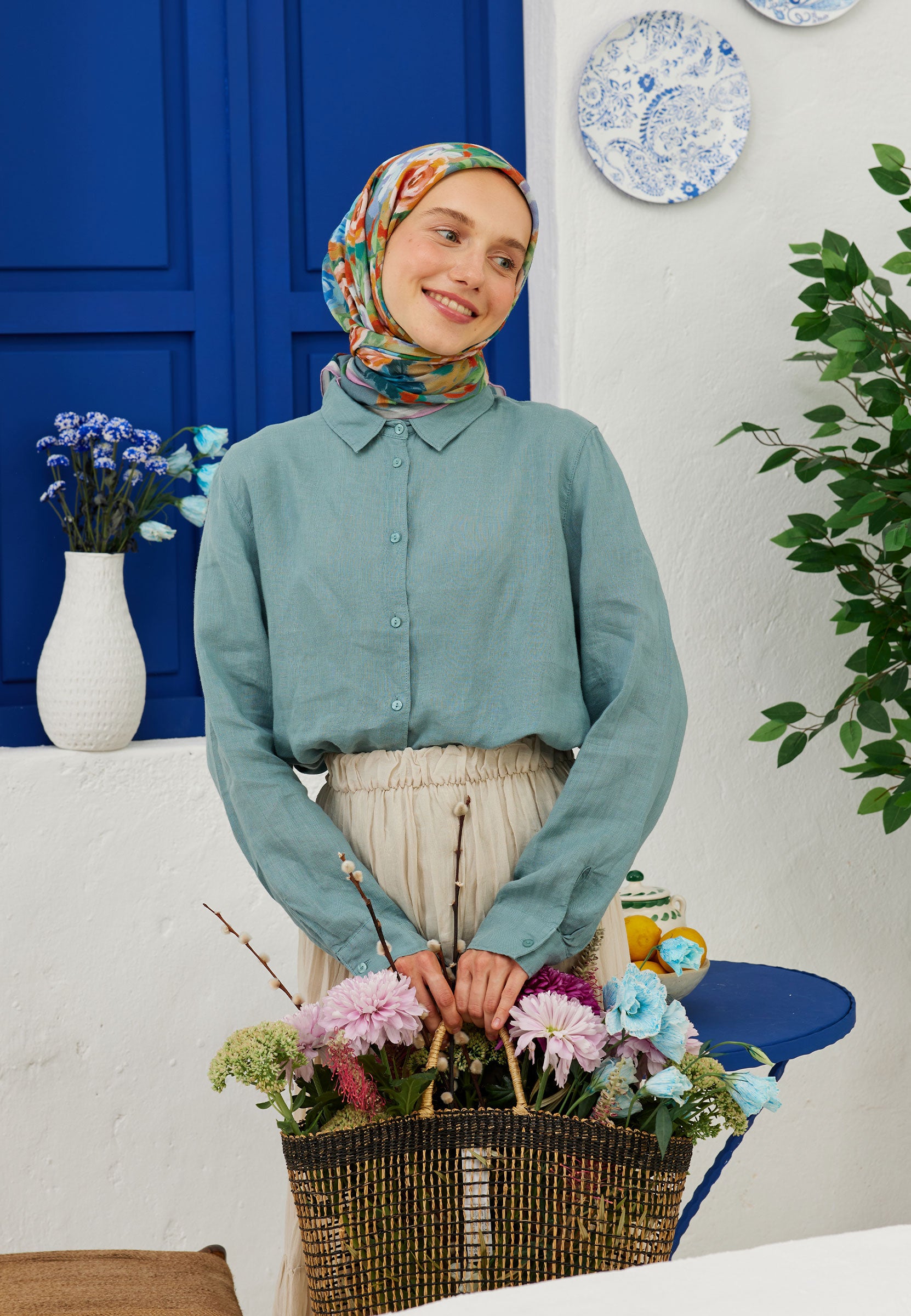 Turuncu Poppy Desen Pamuk Vual Eşarp