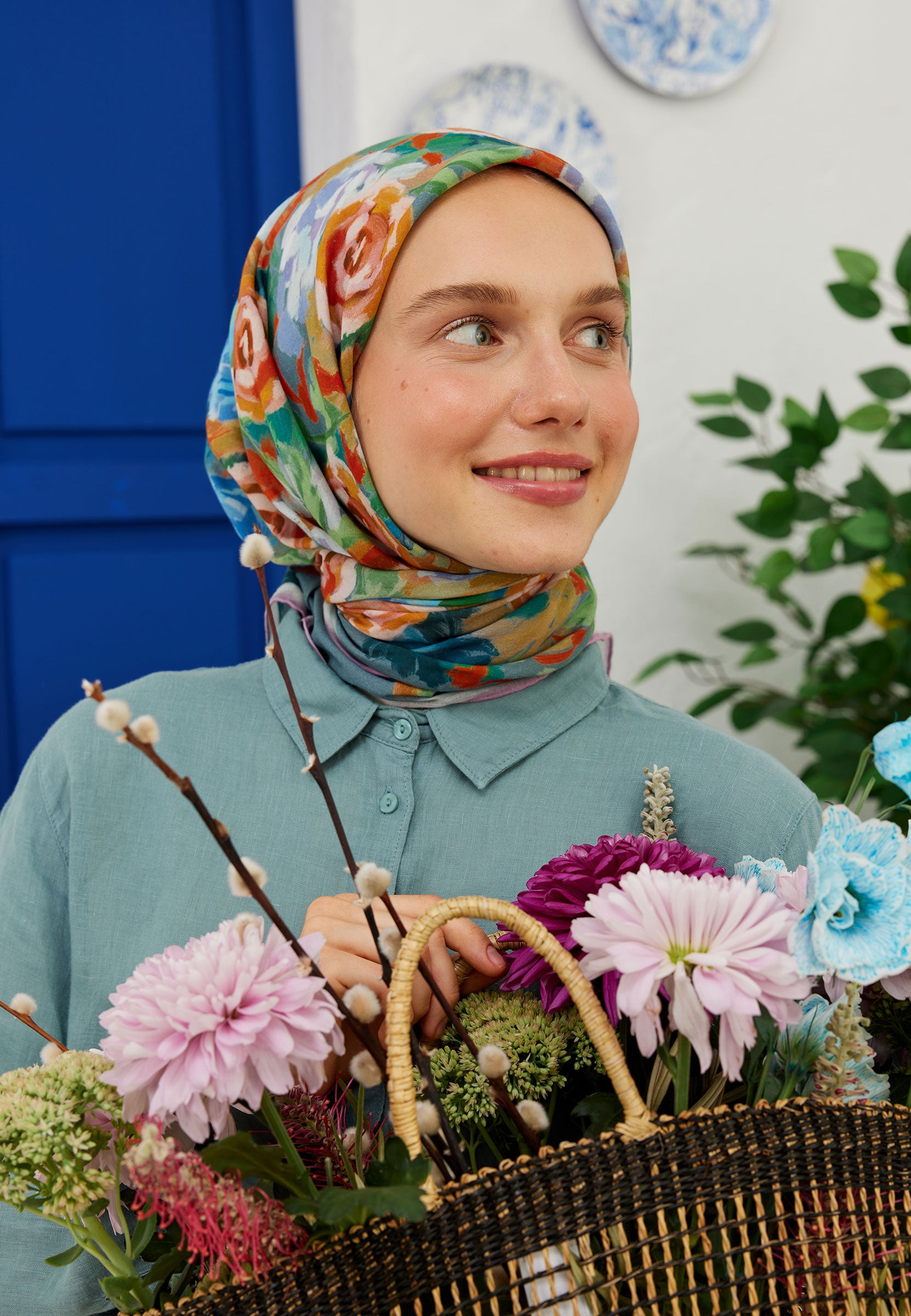 Turuncu Poppy Desen Pamuk Vual Eşarp